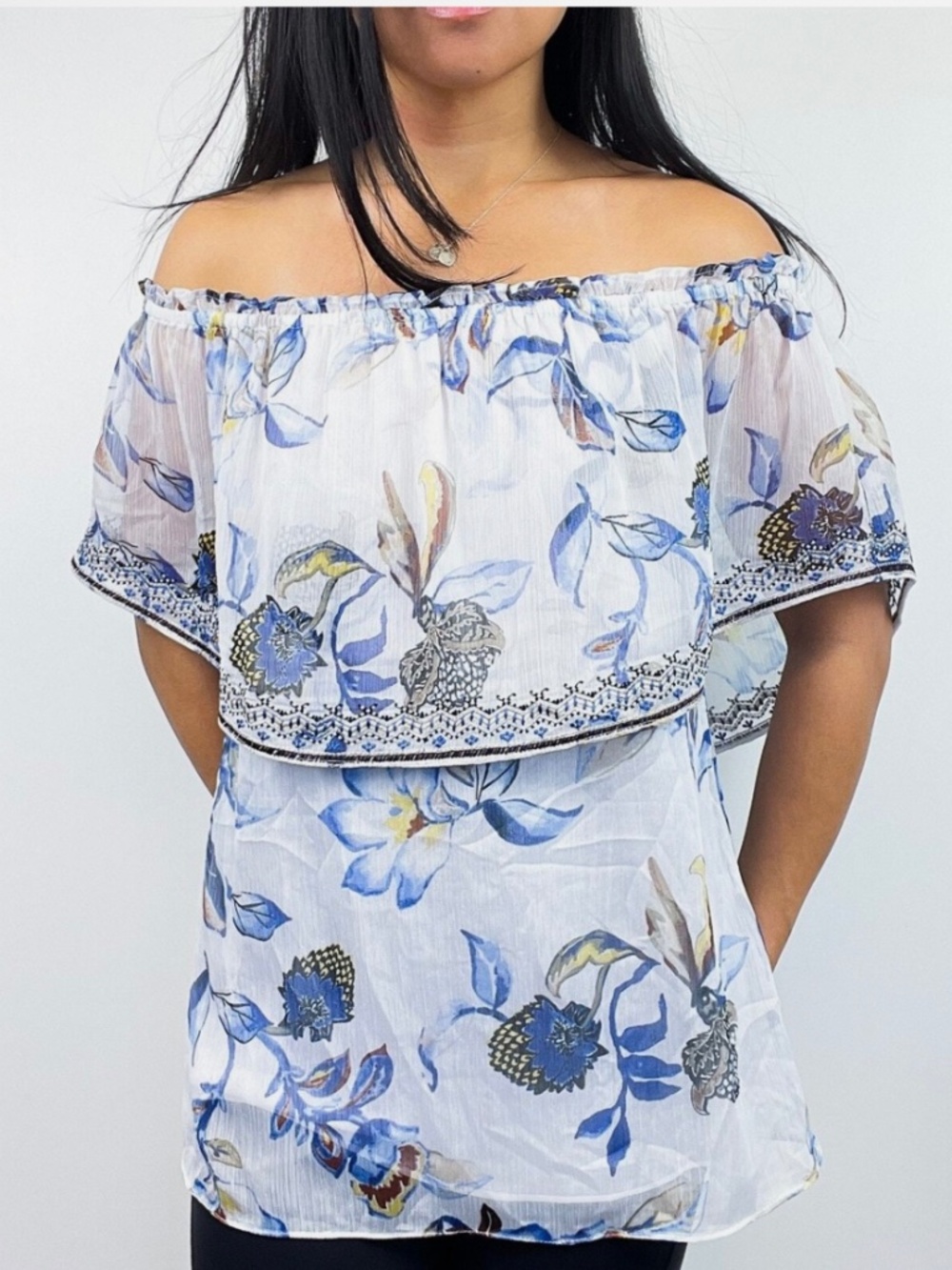 White House Black Market White Floral Embroidery Hem Chiffon Layered